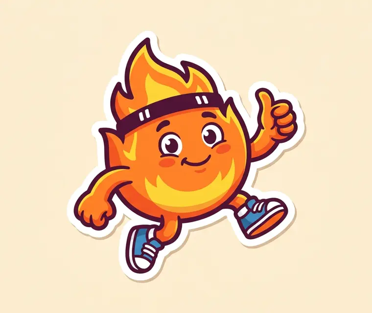 Sparky, a cheerful flame mascot in a sweatband and sneakers, giving a thumbs up