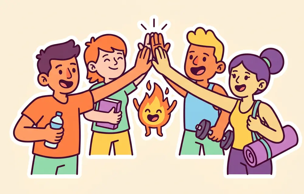 Four friends high-fiving around Sparky the flame mascot