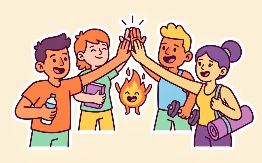 Four friends high-fiving around Sparky the flame mascot
